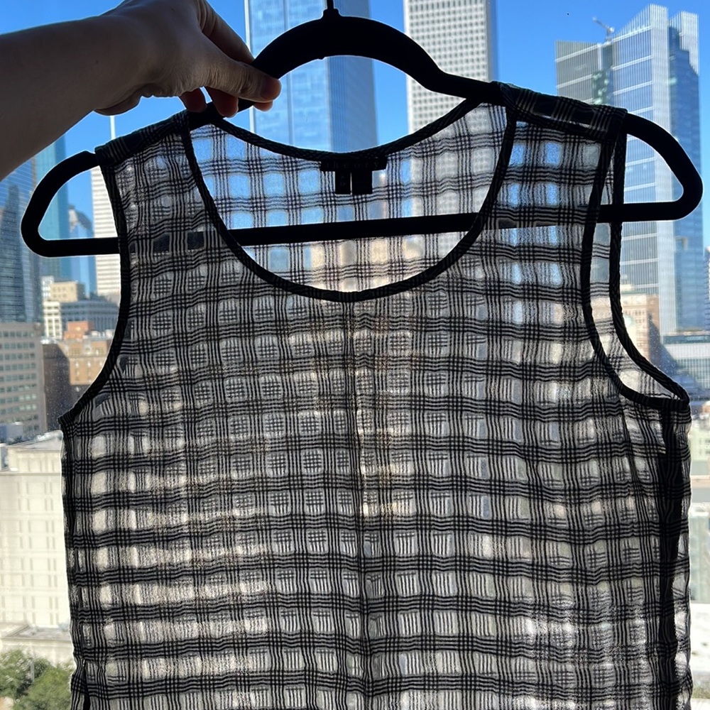 THEORY Tailored sleeveless blouse in black/white/grey and see through, Size P
